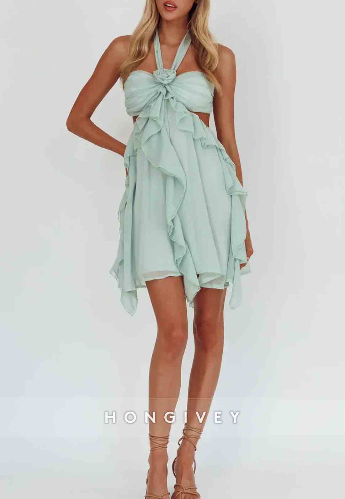 Gorgeous Halter Neck A Line Pink Short Homecoming Dress with Ruffles