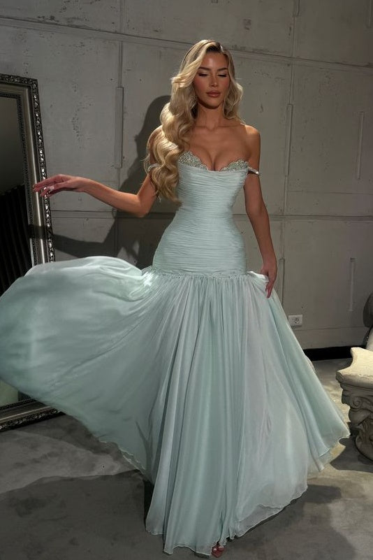 Gorgeous A Line Off the Shoulder Light Blue Long Prom Dress with Beading