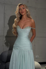 Gorgeous A Line Off the Shoulder Light Blue Long Prom Dress with Beading
