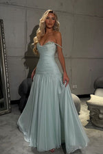 Gorgeous A Line Off the Shoulder Light Blue Long Prom Dress with Beading