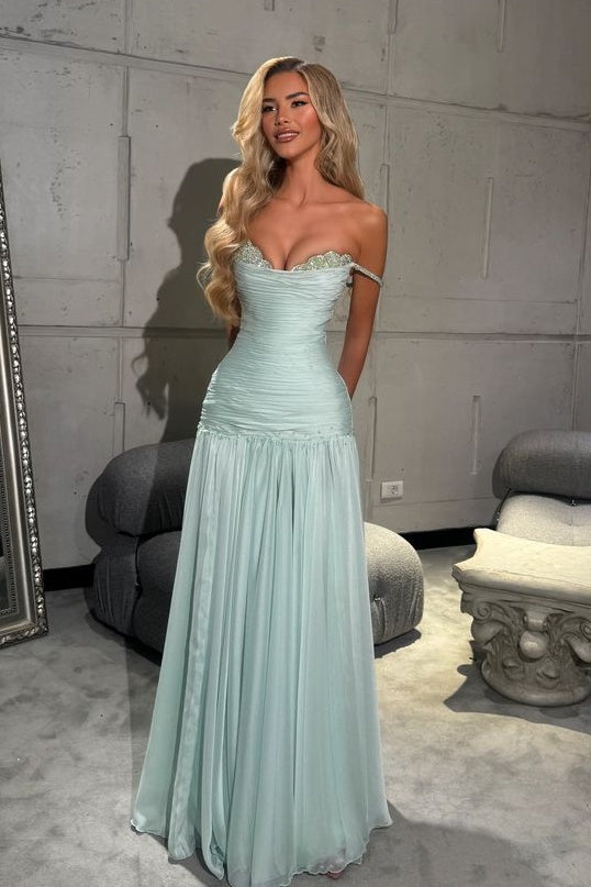 Gorgeous A Line Off the Shoulder Light Blue Long Prom Dress with Beadi