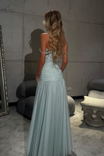 Gorgeous A Line Off the Shoulder Light Blue Long Prom Dress with Beading
