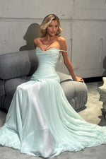 Gorgeous A Line Off the Shoulder Light Blue Long Prom Dress with Beading