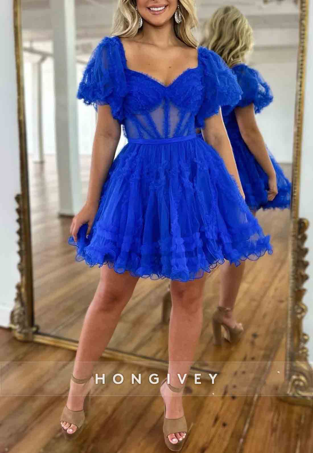 Gorgeous Short Sleeves A-Line Off the Shoulder Corset Homecoming Dresses