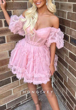 Gorgeous Short Sleeves A-Line Off the Shoulder Corset Homecoming Dresses
