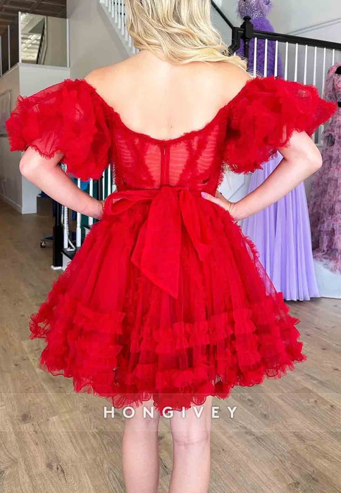 Gorgeous Short Sleeves A-Line Off the Shoulder Corset Homecoming Dresses