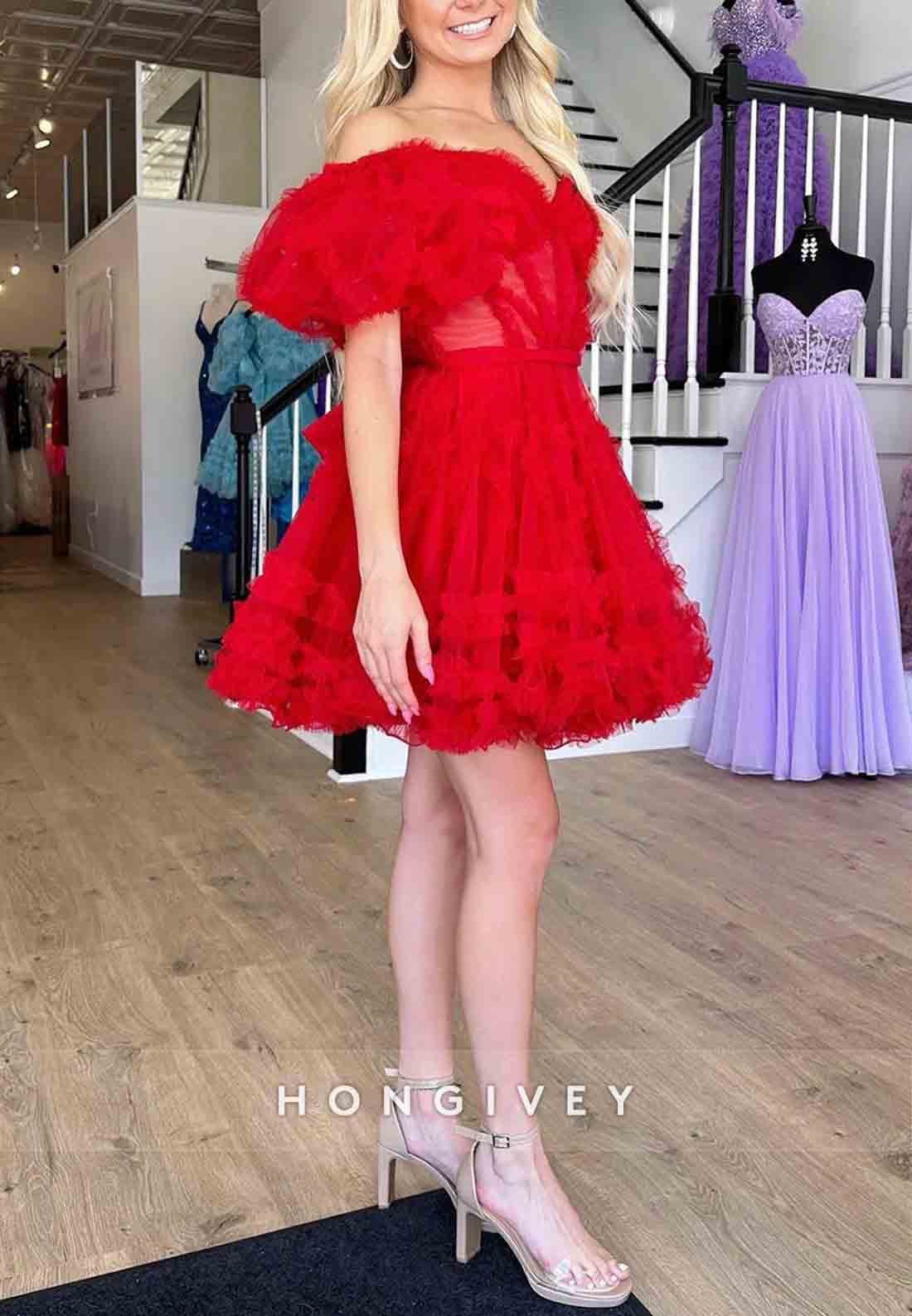 Gorgeous Short Sleeves A-Line Off the Shoulder Corset Homecoming Dresses