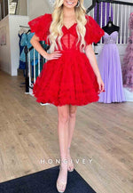Gorgeous Short Sleeves A-Line Off the Shoulder Corset Homecoming Dresses
