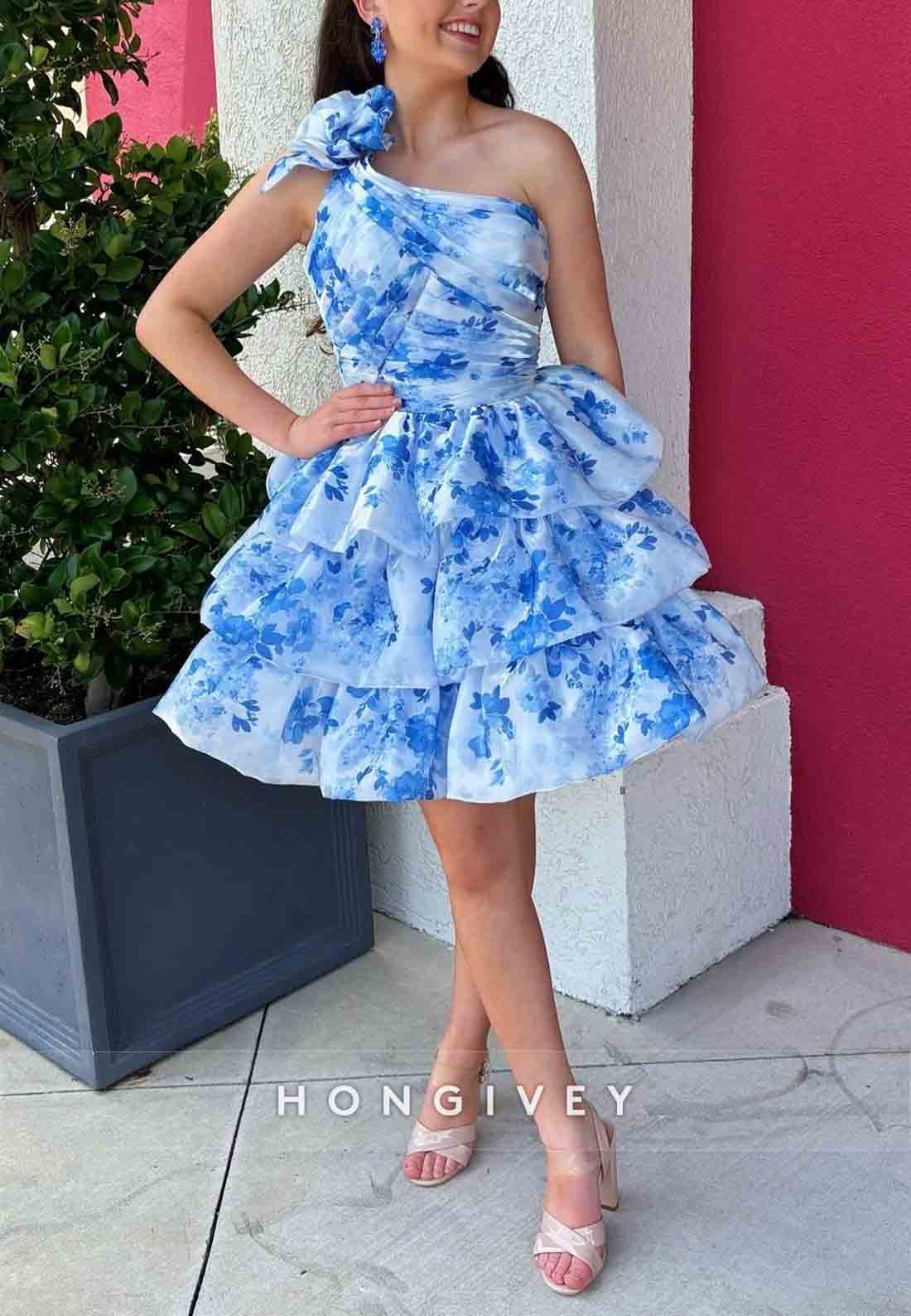 Chic A-Line One Shoulder Sleeveless Floral Print Short Homecoming Dress with Ruffles