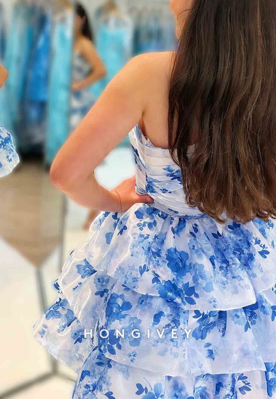 Chic A-Line One Shoulder Sleeveless Floral Print Short Homecoming Dress with Ruffles