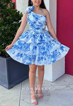 Chic A-Line One Shoulder Sleeveless Floral Print Short Homecoming Dress with Ruffles