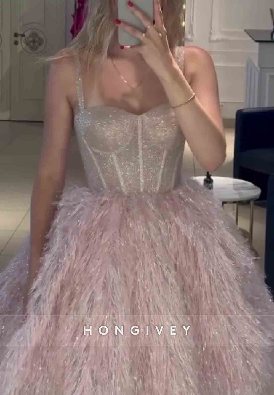 Gorgeous Spaghetti Straps Corset Ball Gown Short Homecoming Dress with Feather