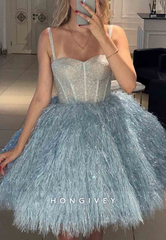 Gorgeous Spaghetti Straps Corset Ball Gown Short Homecoming Dress with Feather