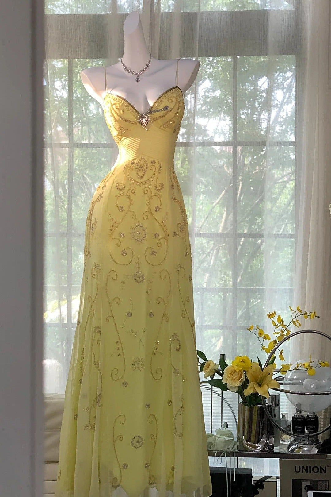 Gorgeous A Line Spaghetti Straps Yellow Long Prom Dress with Appliques Beading
