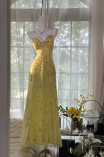 Gorgeous A Line Spaghetti Straps Yellow Long Prom Dress with Appliques Beading