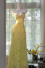 Gorgeous A Line Spaghetti Straps Yellow Long Prom Dress with Appliques Beading