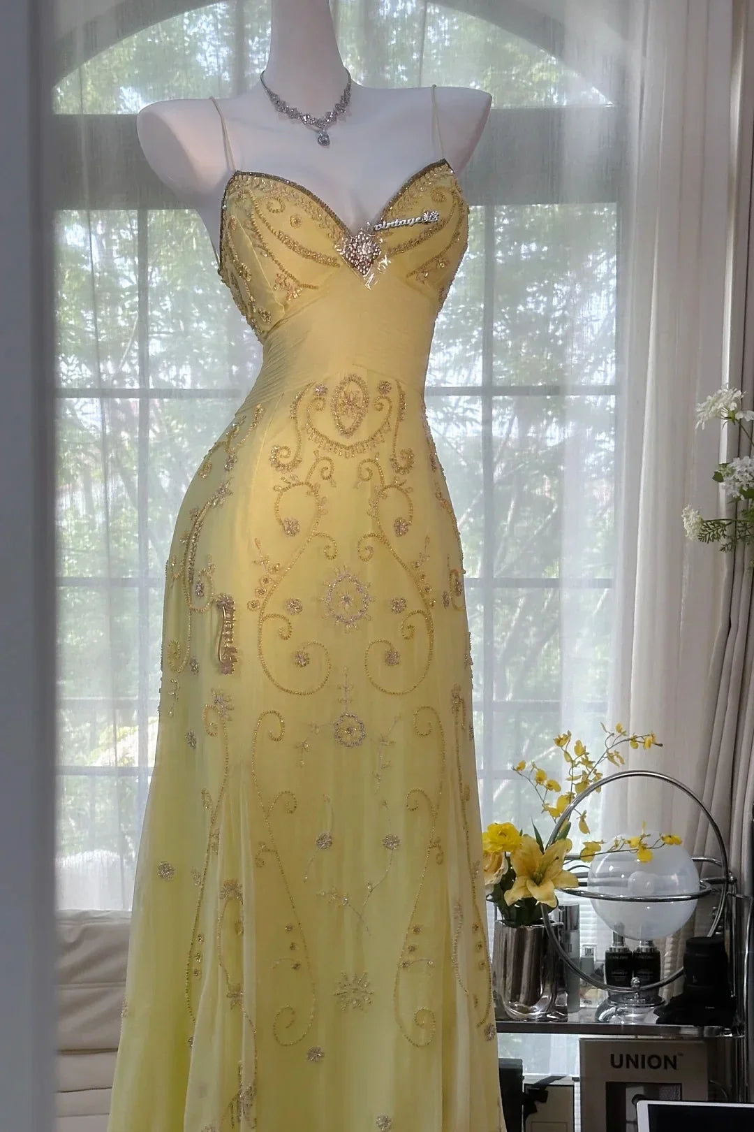 Gorgeous A Line Spaghetti Straps Yellow Long Prom Dress with Appliques Beading