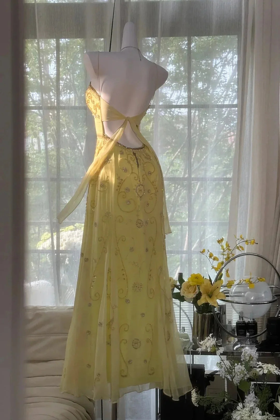 Gorgeous A Line Spaghetti Straps Yellow Long Prom Dress with Appliques Beading