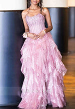 Gorgeous Strapless A-Line Pink Corset Long Prom Dress with Beading