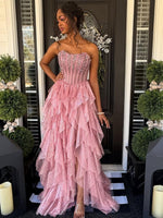 Gorgeous A Line Strapless Pink Corset Long Prom Dress with Beading