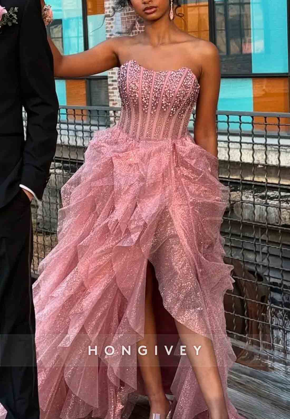 Gorgeous Strapless A-Line Pink Corset Long Prom Dress with Beading