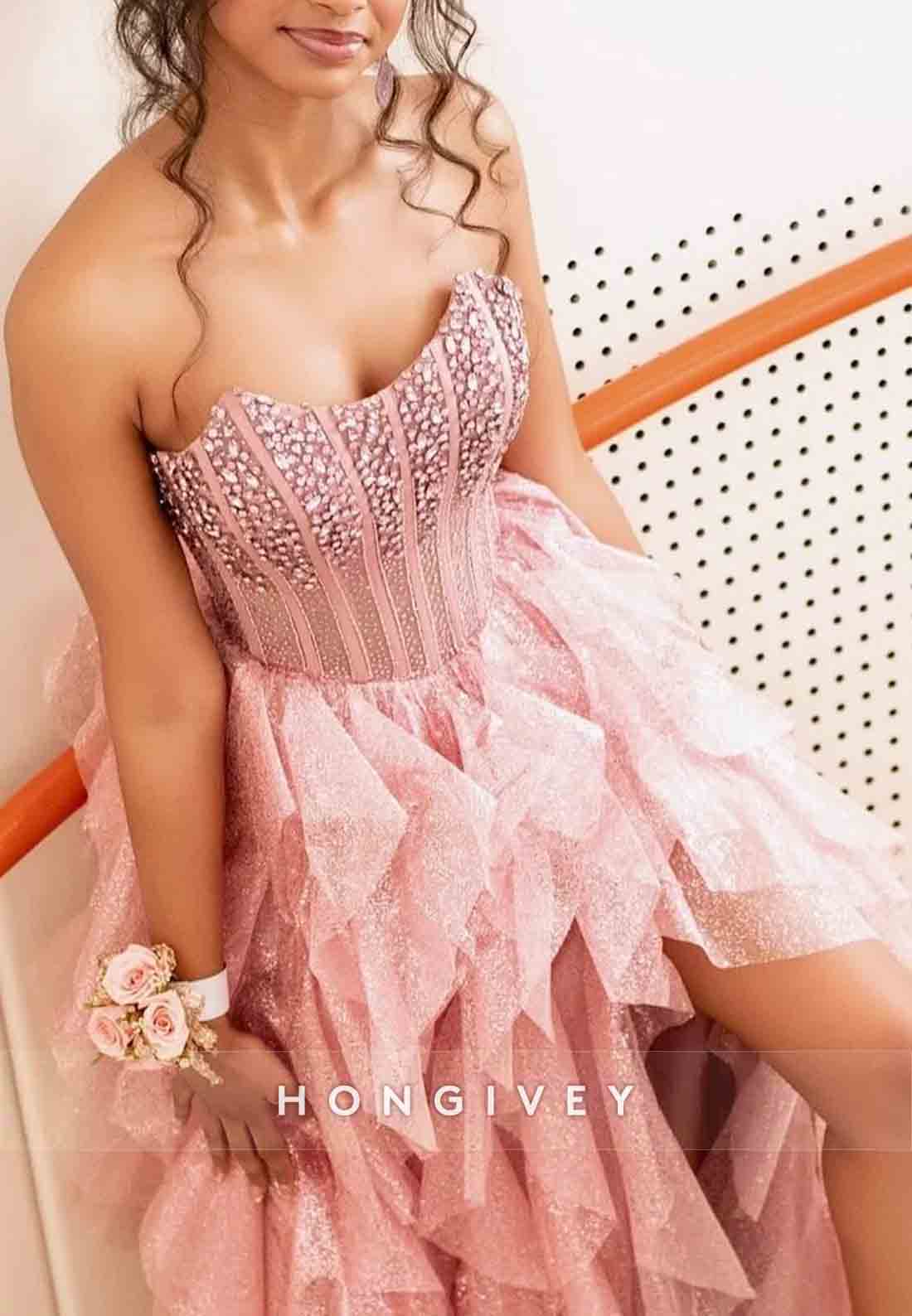 Gorgeous Strapless A-Line Pink Corset Long Prom Dress with Beading