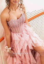 Gorgeous Strapless A-Line Pink Corset Long Prom Dress with Beading