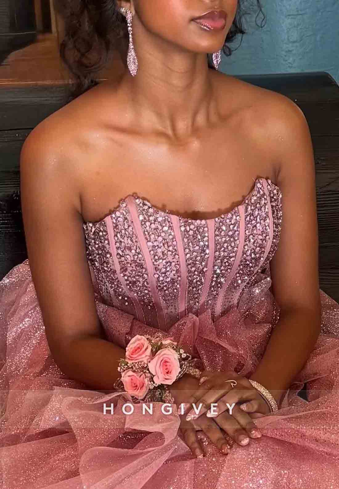 Gorgeous Strapless A-Line Pink Corset Long Prom Dress with Beading