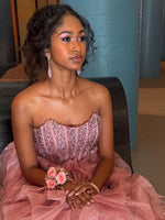 Gorgeous A Line Strapless Pink Corset Long Prom Dress with Beading