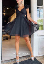 Cute A-Line Shoulder Flower Ruched Low Back Short Homecoming Dress