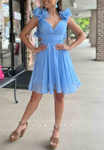 Cute A-Line Shoulder Flower Ruched Low Back Short Homecoming Dress