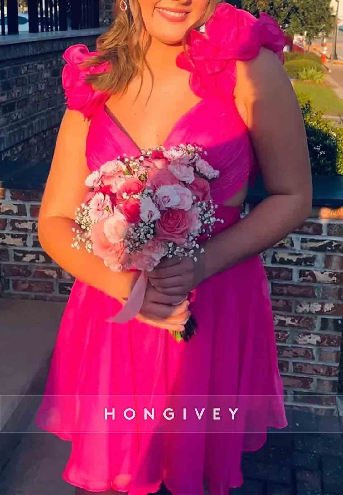 Cute A-Line Shoulder Flower Ruched Low Back Short Homecoming Dress