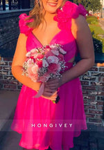 Cute A-Line Shoulder Flower Ruched Low Back Short Homecoming Dress