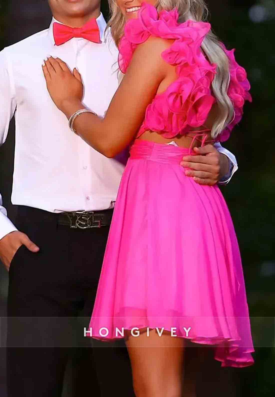 Cute A-Line Shoulder Flower Ruched Low Back Short Homecoming Dress