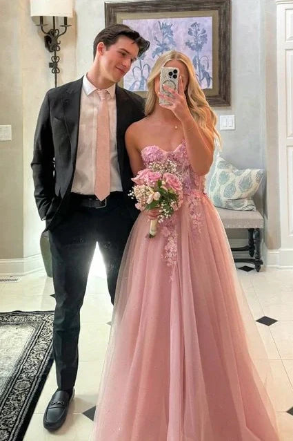 Gorgeous A Line Sweetheart Pink Long Prom Dress with Appliques