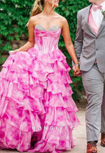 Gorgeous A Line Sweetheart Pink Printed Corset Prom Dress with Beading Ruffle