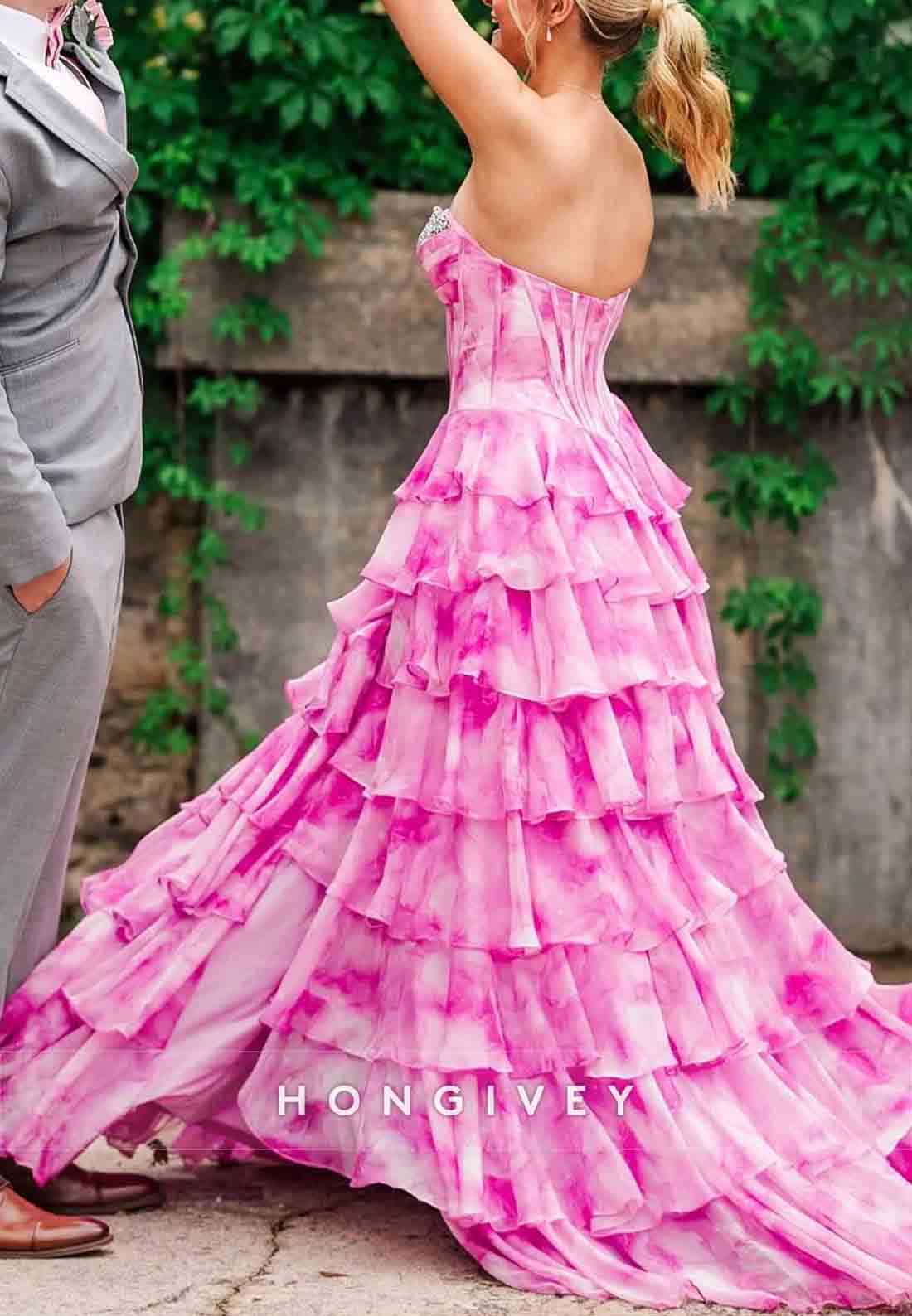 Gorgeous A Line Sweetheart Pink Printed Corset Prom Dress with Beading Ruffle