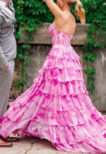 Gorgeous A Line Sweetheart Pink Printed Corset Prom Dress with Beading Ruffle