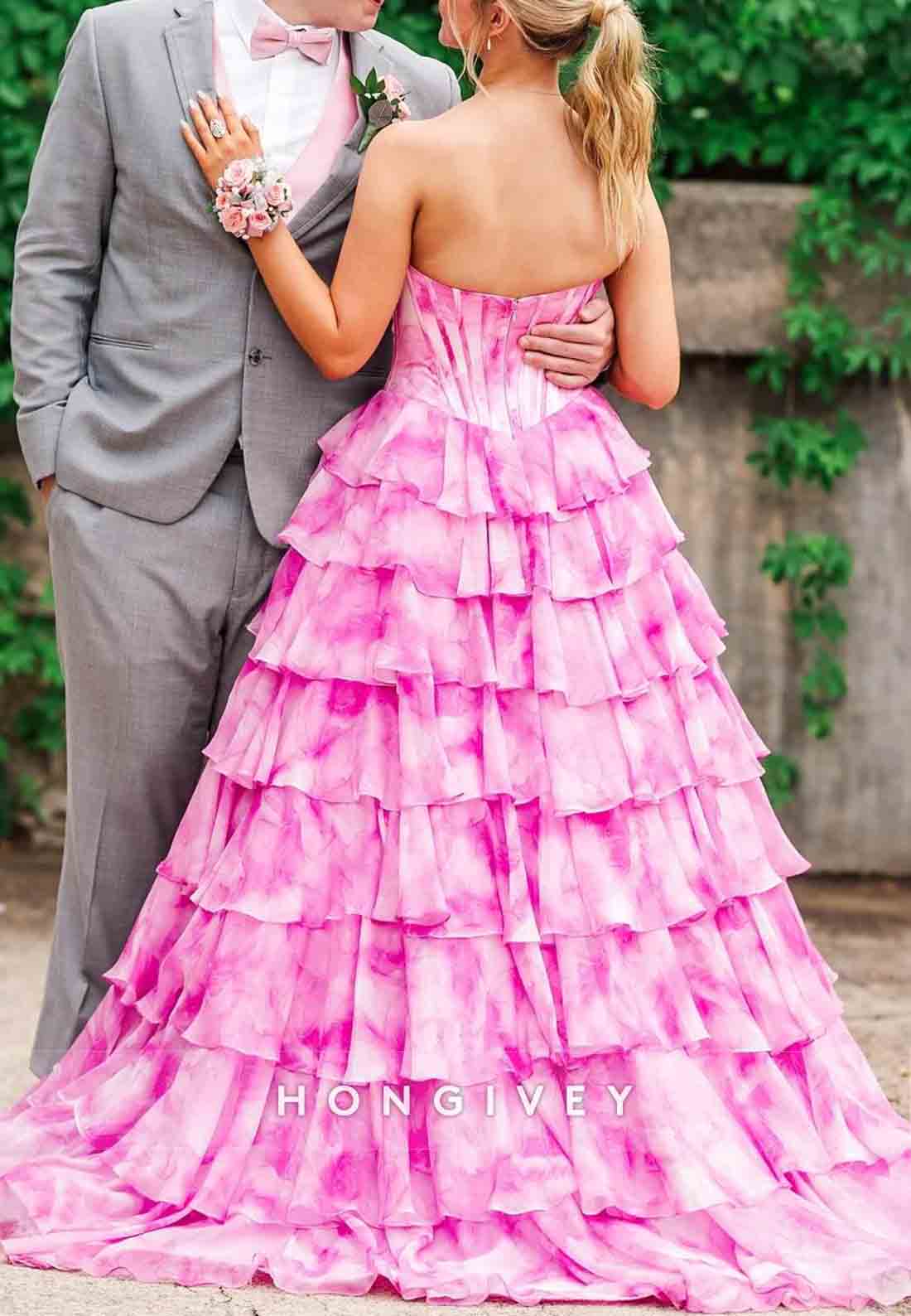 Gorgeous A Line Sweetheart Pink Printed Corset Prom Dress with Beading Ruffle