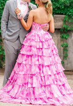 Gorgeous A Line Sweetheart Pink Printed Corset Prom Dress with Beading Ruffle