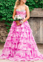 Gorgeous A Line Sweetheart Pink Printed Corset Prom Dress with Beading Ruffle