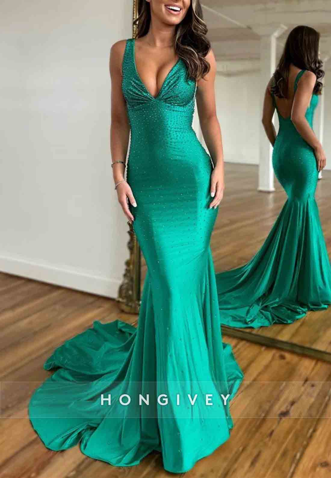 Open Back Low V-Neck Gorgeous Mermaid Court Train Prom Party Dress