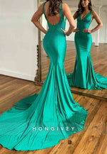 Open Back Low V-Neck Gorgeous Mermaid Court Train Prom Party Dress