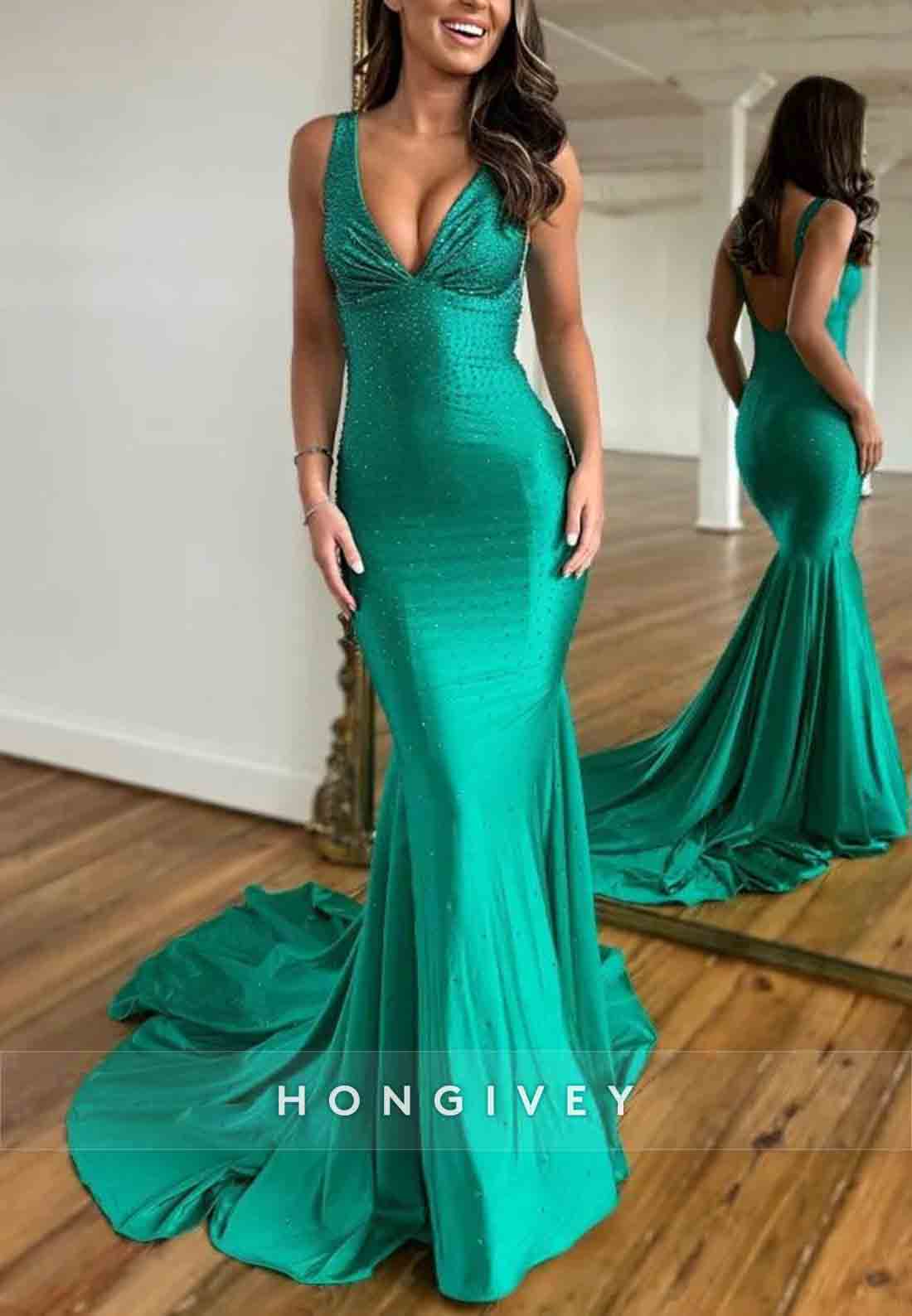 Open Back Low V-Neck Gorgeous Mermaid Court Train Prom Party Dress