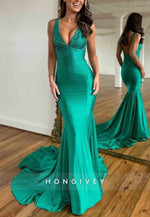 Open Back Low V-Neck Gorgeous Mermaid Court Train Prom Party Dress