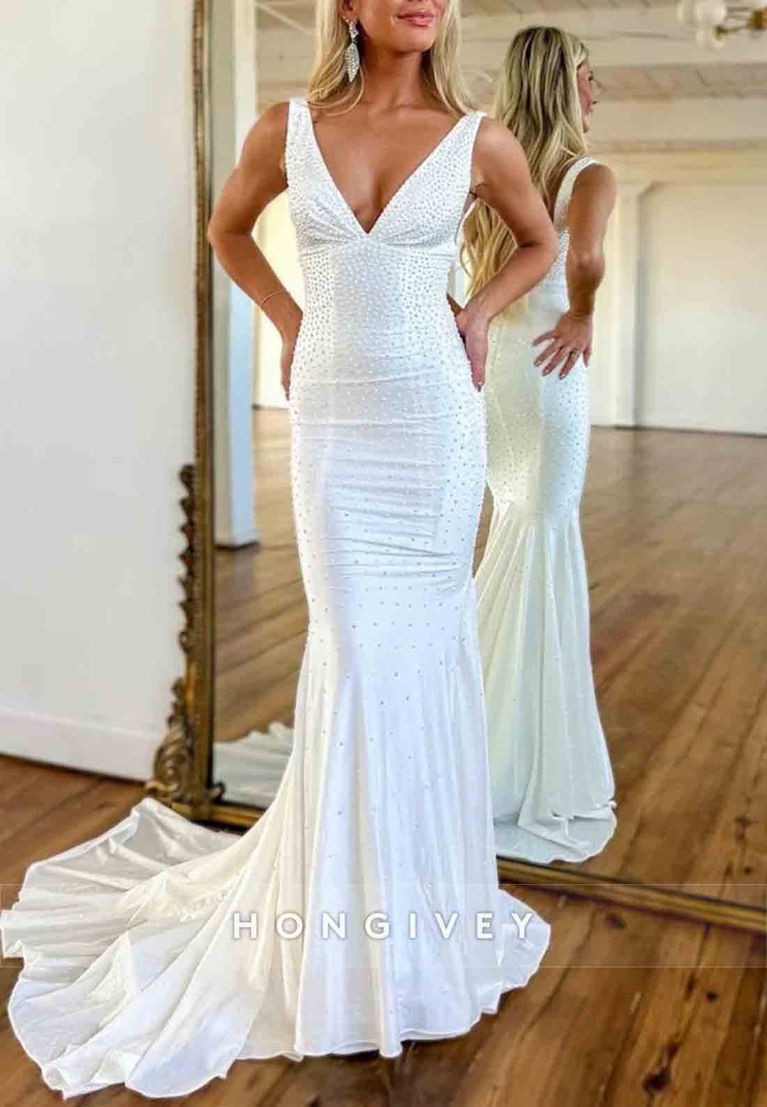 Open Back Low V-Neck Gorgeous Mermaid Court Train Prom Party Dress