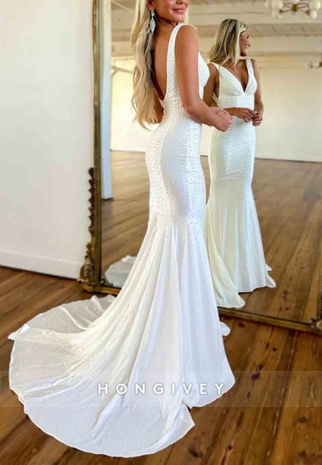 Open Back Low V-Neck Gorgeous Mermaid Court Train Prom Party Dress