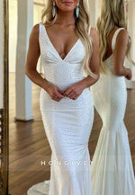 Open Back Low V-Neck Gorgeous Mermaid Court Train Prom Party Dress