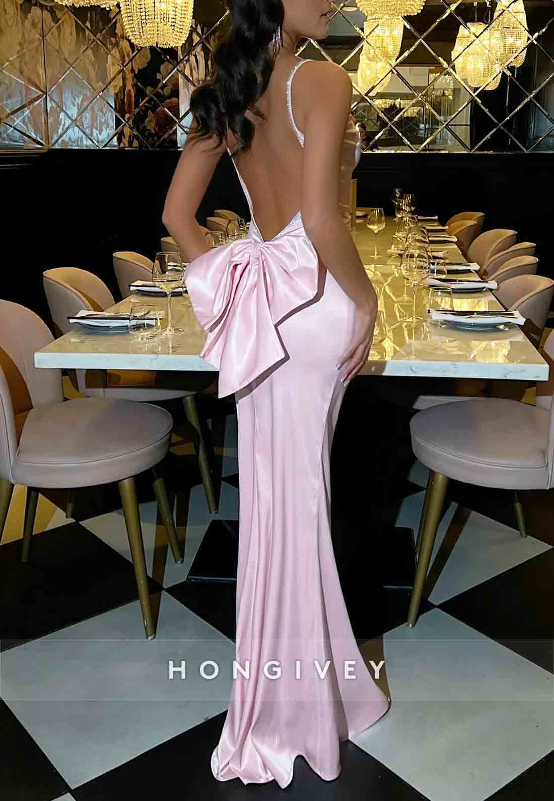 Gorgeous Backless Spaghetti Straps Pink Long Mermaid Prom Dress with Bowknot