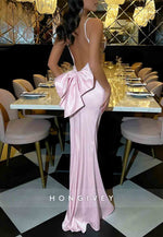 Gorgeous Backless Spaghetti Straps Pink Long Mermaid Prom Dress with Bowknot